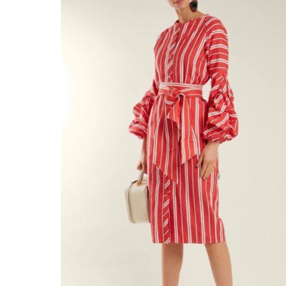 Johanna Ortiz Belted Striped Santa Fe Midi Puff Sleeve Dress